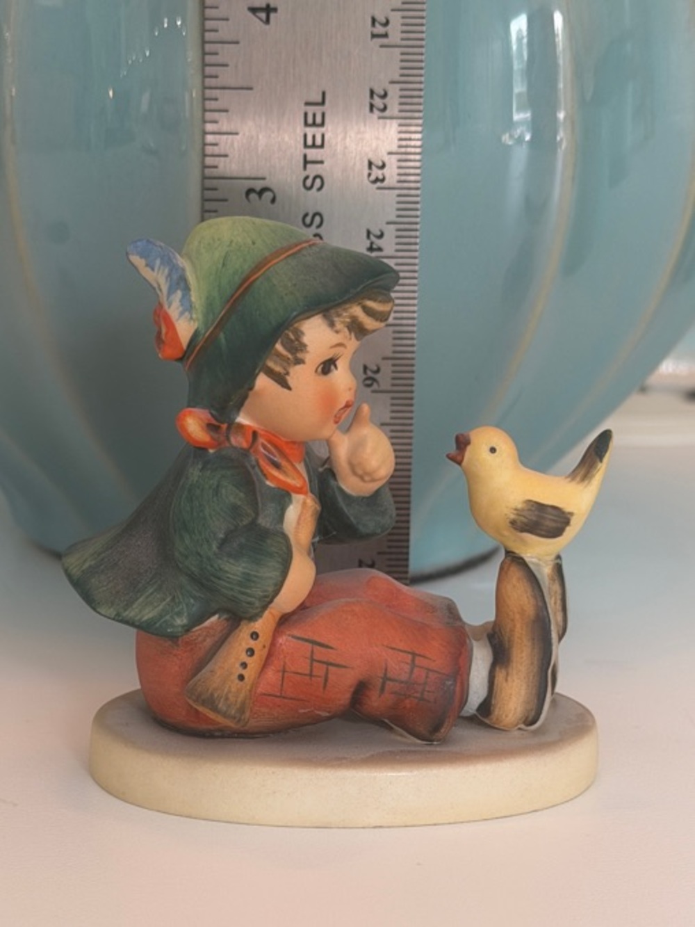 Hummel Boy with Bird Figurine in Green, Red, Yellow